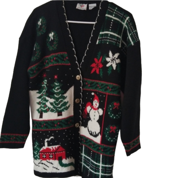 Vintage Sweaters - VINTAGE Ugly Christmas Sweater Plaid Cottagecore Oversized Medium 90s